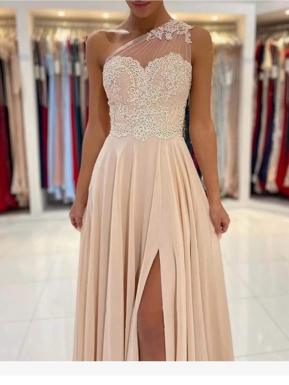 One-Shoulder Lace Bodice Chiffon Gown in beige/champagne